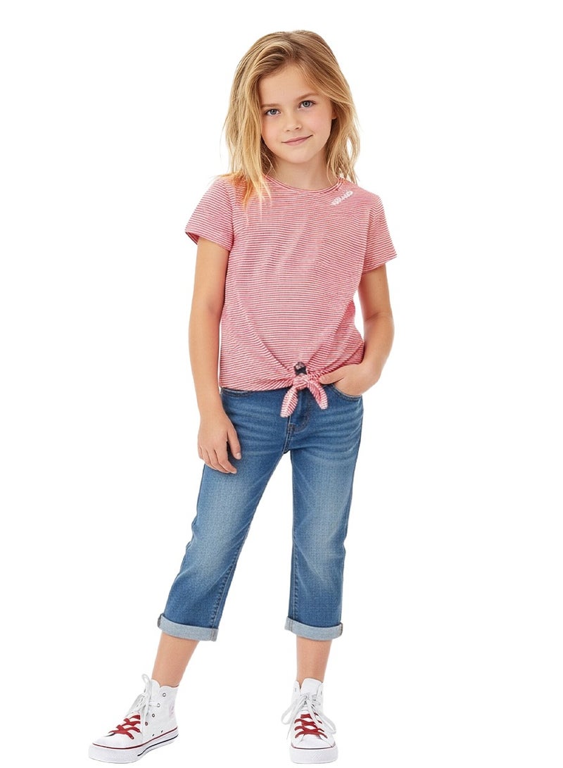WiNi BEE Girls Short Sleeve T-Shirt | Red and White Striped Crew Neck Top with Tie Front | Casual Summer Tee for Ages 8-10, 10-12, 12-14, 14-16 Years - Image 2